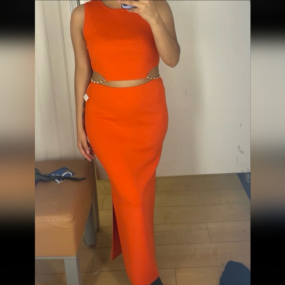 NWT 2 piece dress House of Harlow orange Rhinestone studded strap peekaboo L